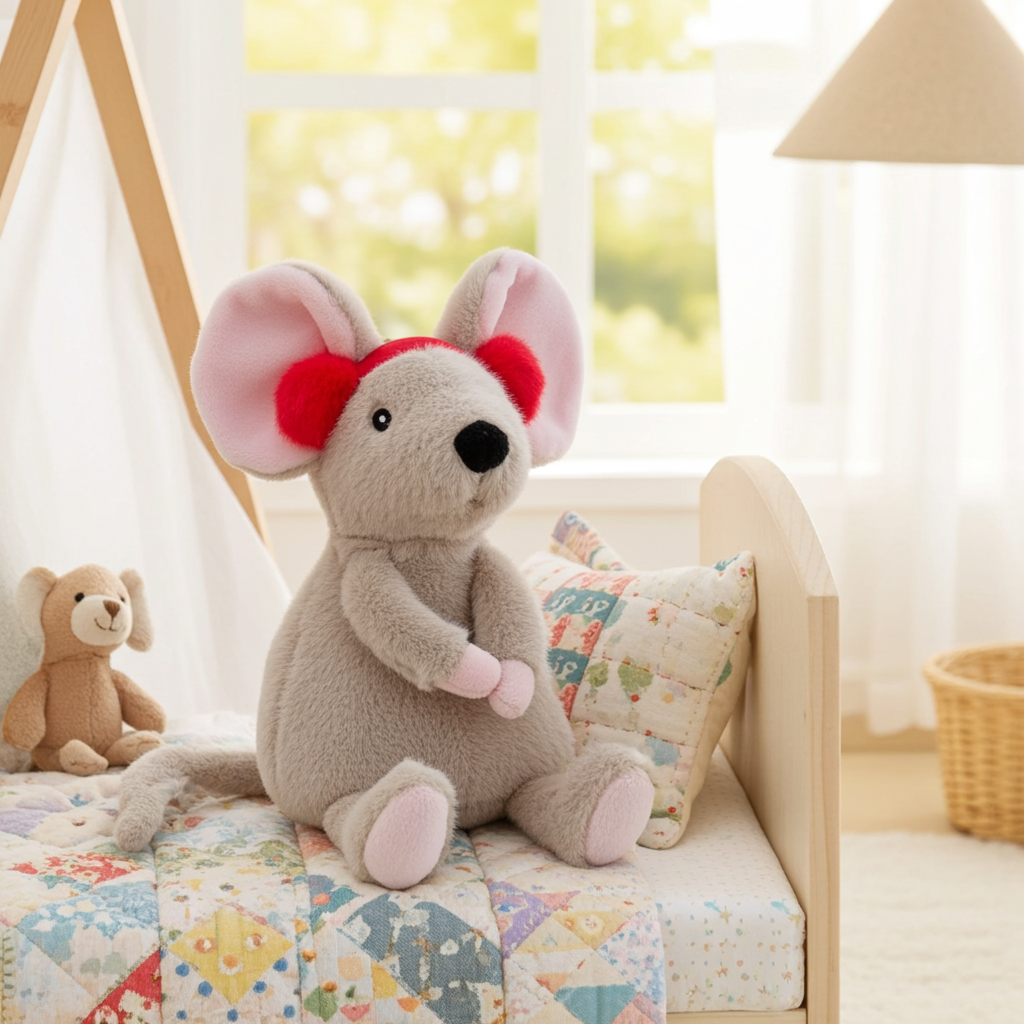7" Tan Mouse with Red Earmuffs Stuffed Animal - Gigglescape™