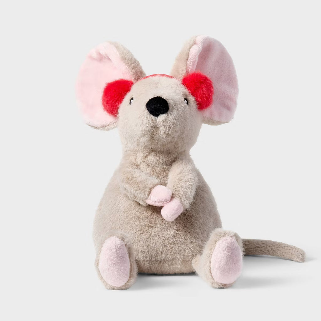 7" Tan Mouse with Red Earmuffs Stuffed Animal - Gigglescape™