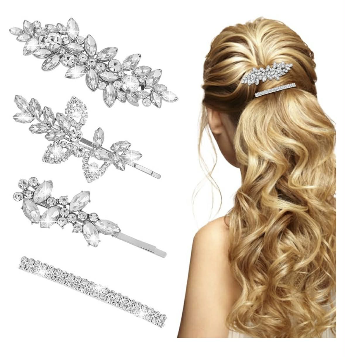 Bridal Rhinestone Hair Clips – Set of 4 (Leaf & Spring Clip Styles)