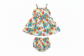 Baby girl white tropical floral sundress with spaghetti straps and matching bloomers on white background