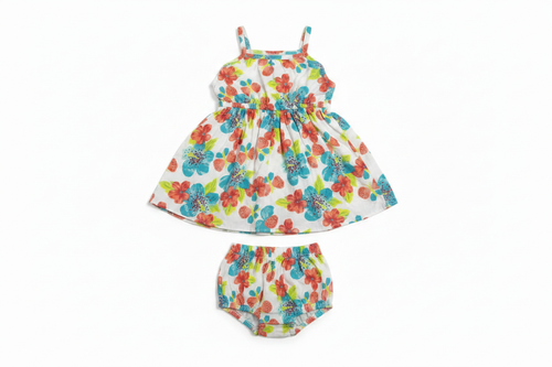 Baby girl white tropical floral sundress with spaghetti straps and matching bloomers on white background