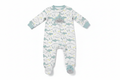 Baby boy white shark print zip-up footed sleeper on white background