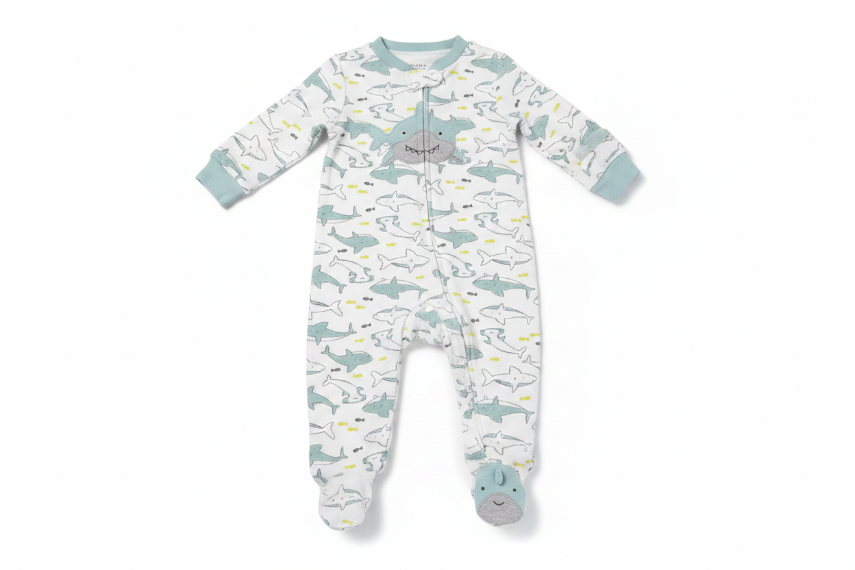 Baby boy white shark print zip-up footed sleeper on white background