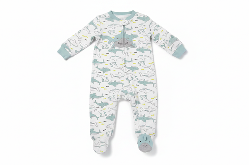 Baby boy white shark print zip-up footed sleeper on white background