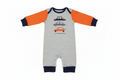 Baby boy heather gray and orange I'm Going Places car graphic romper on white background
