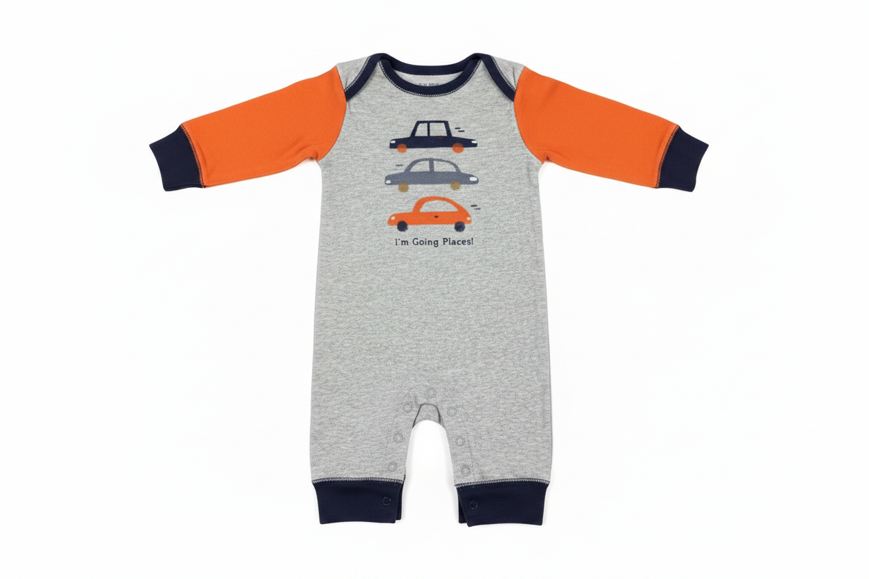 Baby boy heather gray and orange I'm Going Places car graphic romper on white background