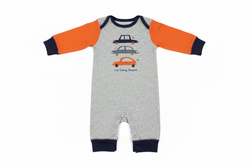 Baby boy heather gray and orange I'm Going Places car graphic romper on white background