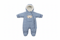 Wippette blue quilted baby snowsuit with teddy bear applique on white background
