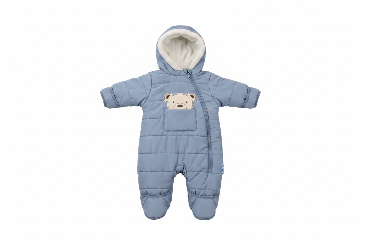 Wippette blue quilted baby snowsuit with teddy bear applique on white background