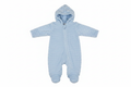 Light blue bubble fleece baby snowsuit bunting with hood on white background