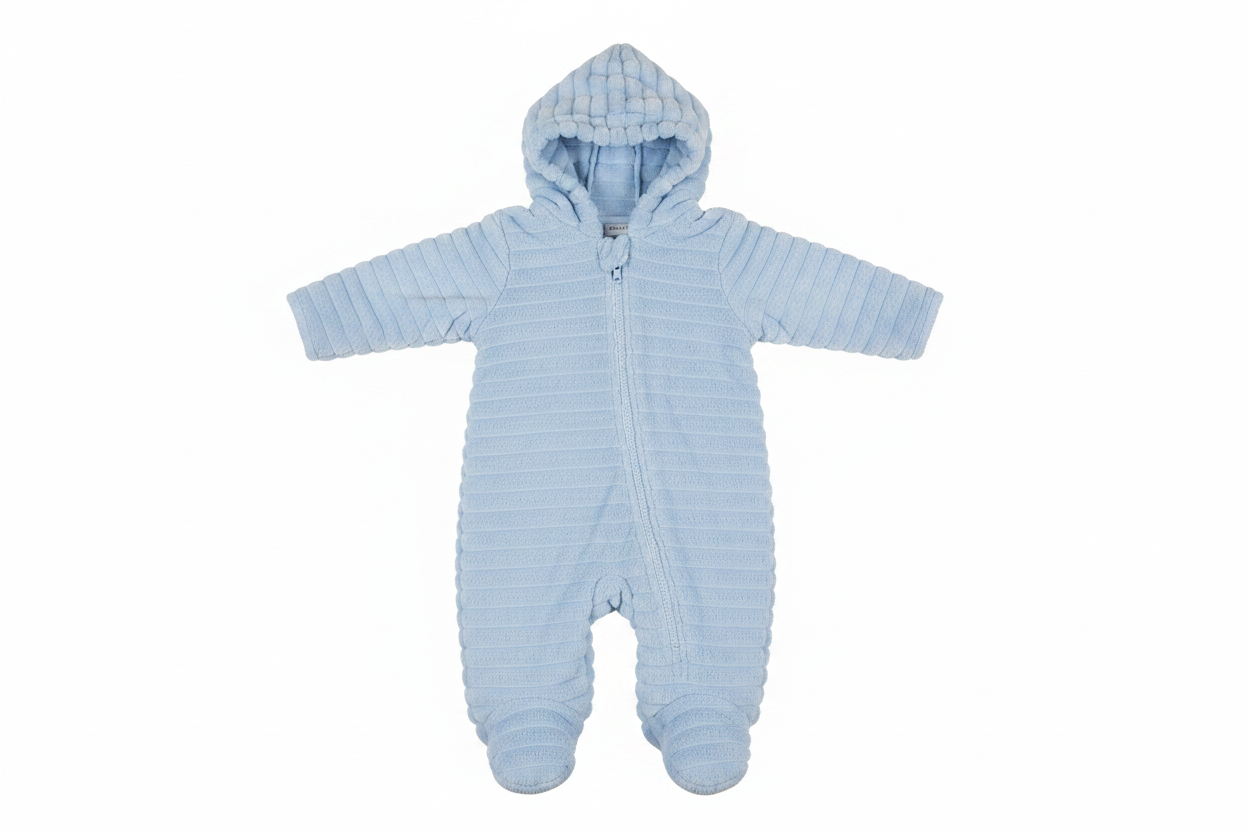 Light blue bubble fleece baby snowsuit bunting with hood on white background