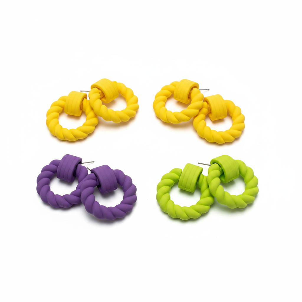 3-pair colorful twisted hoop earrings set in purple, yellow, and yellow-green on white background