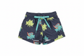 Navy blue baby swim trunks with snorkeling frog print on white background