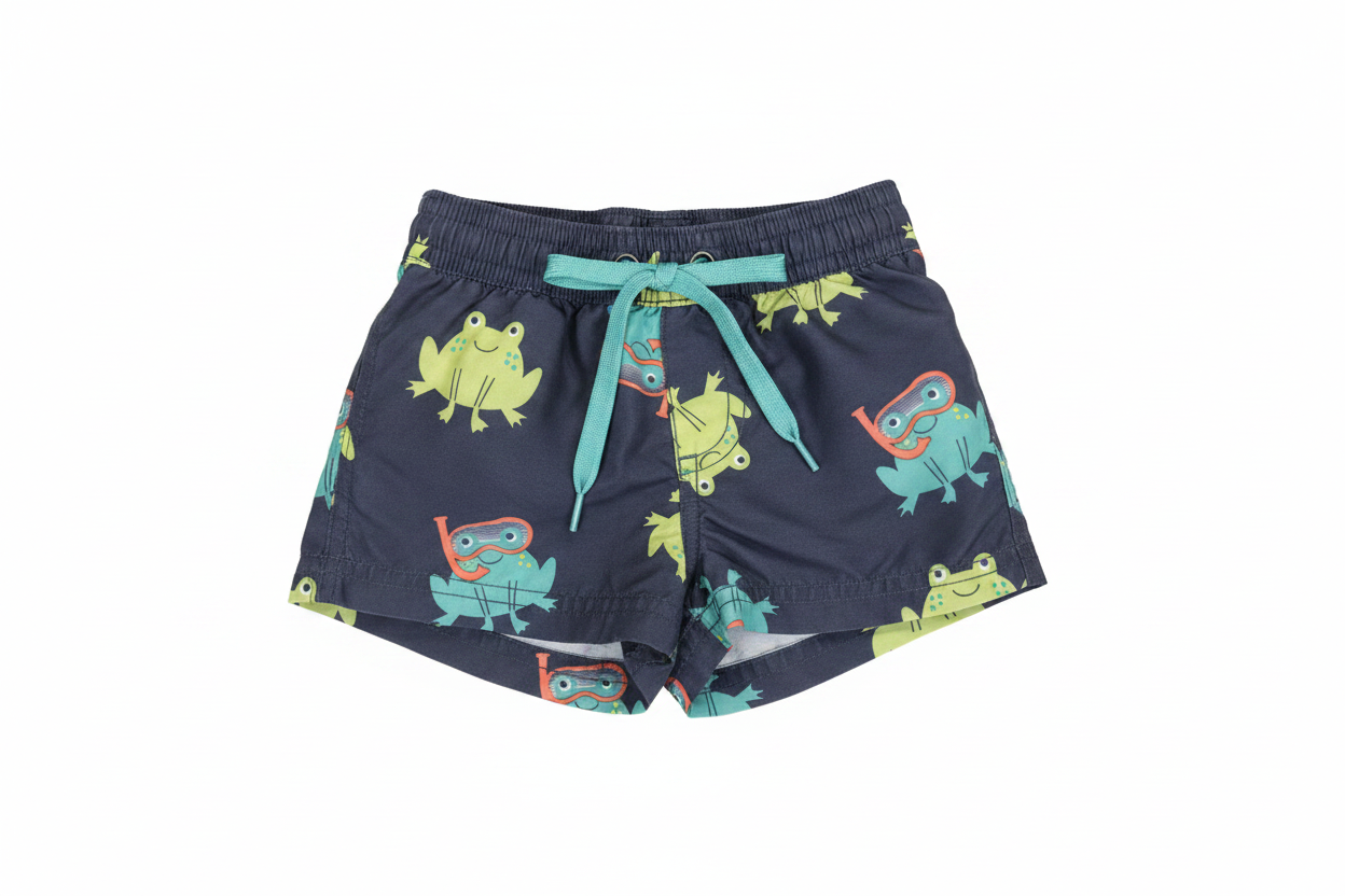 Navy blue baby swim trunks with snorkeling frog print on white background