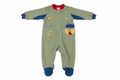 Green fleece Noah's Ark baby footed pajama sleeper with embroidered animals on white background