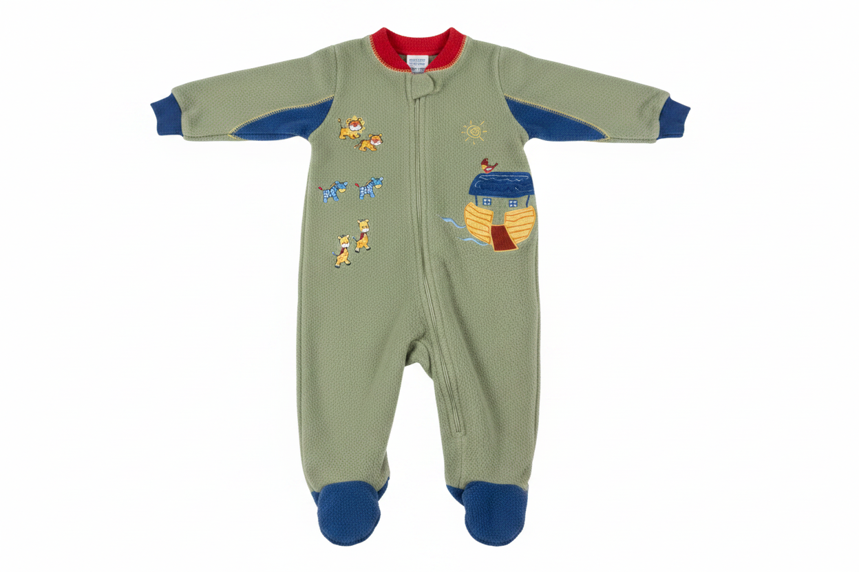 Green fleece Noah's Ark baby footed pajama sleeper with embroidered animals on white background