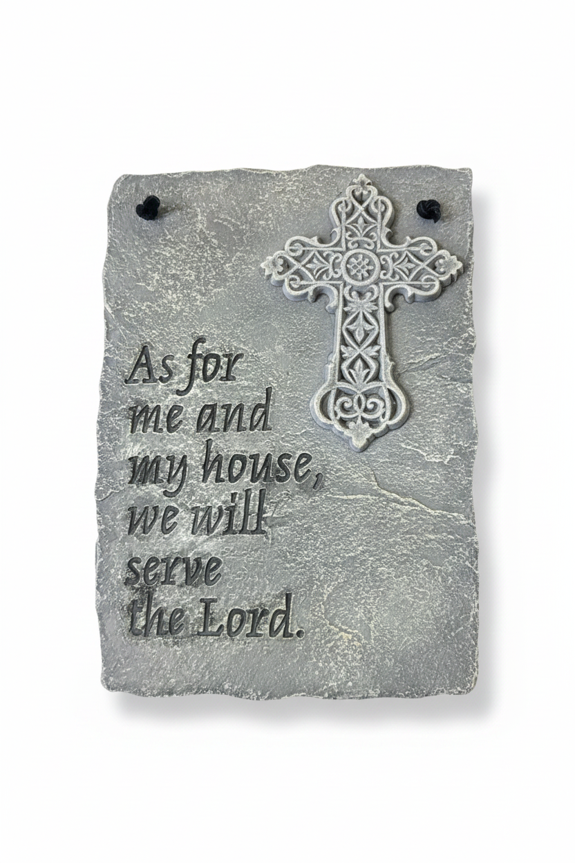 Scripture plaque with ornate cross on clean white background