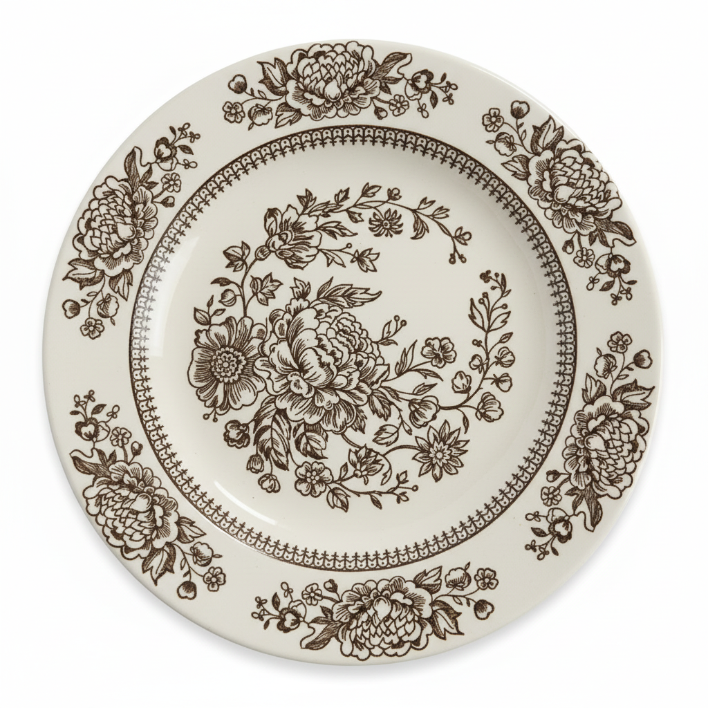 Vintage brown transferware ceramic plate with peony floral design, white background