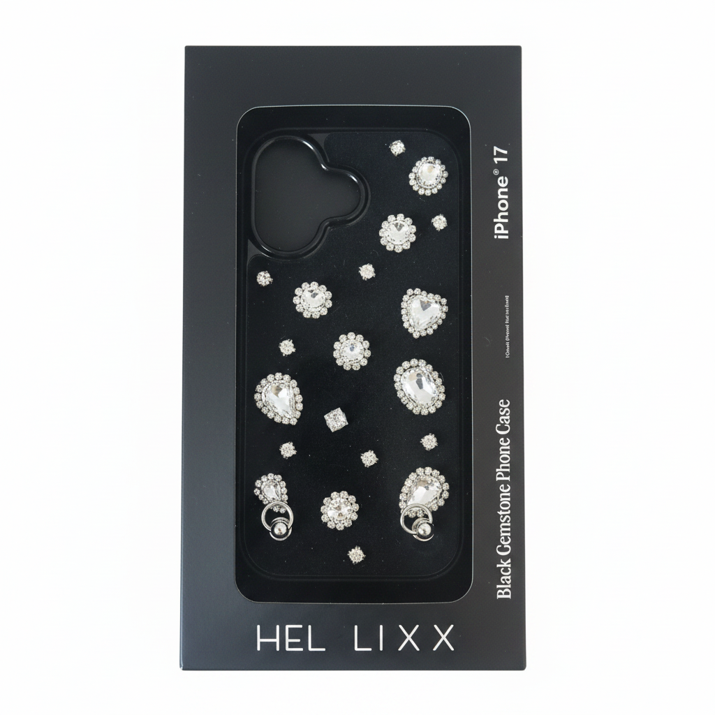 Black gemstone rhinestone iPhone 17 case on white background