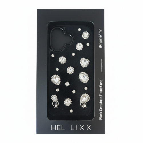 Black gemstone rhinestone iPhone 17 case on white background