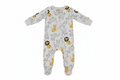 Gray baby footed pajama sleeper with lion and leopard print on white background