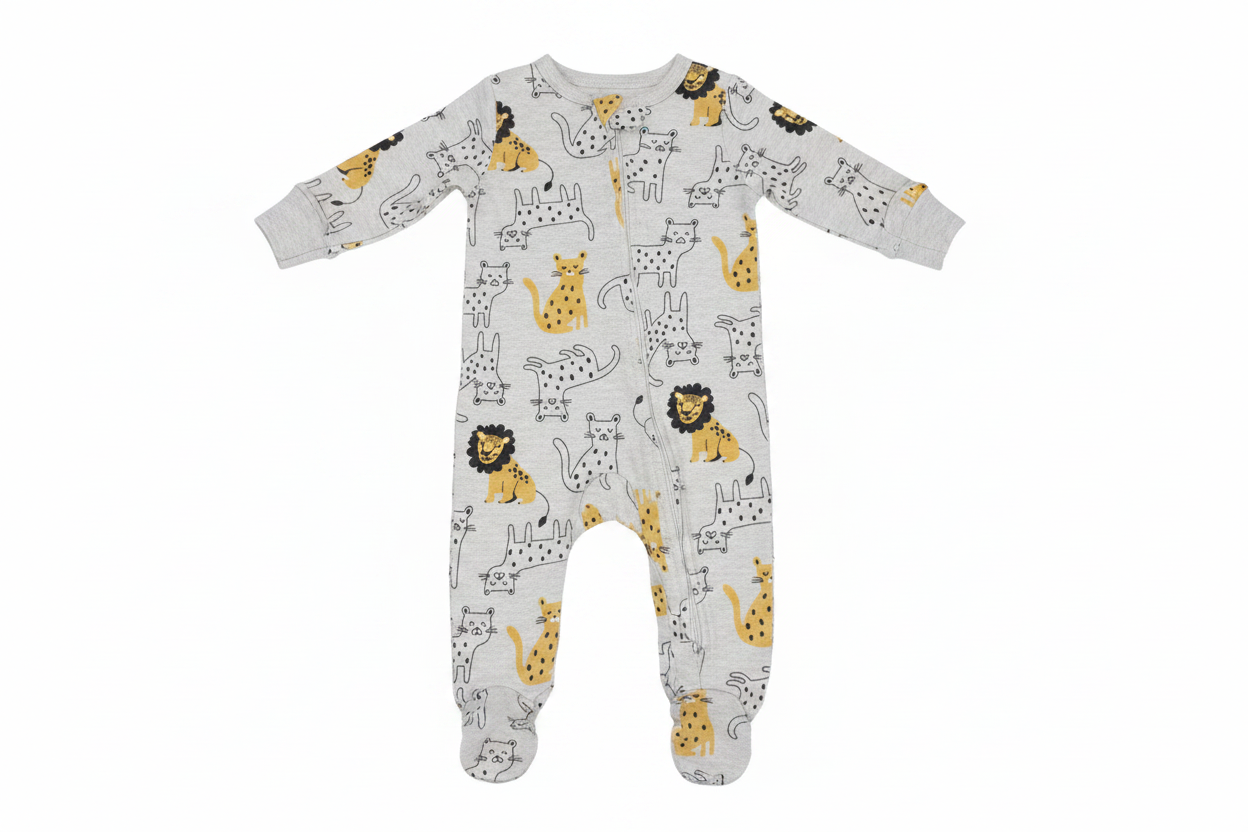 Gray baby footed pajama sleeper with lion and leopard print on white background