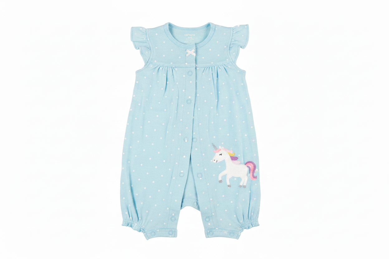 Carter's baby girl light blue polka dot unicorn romper on white background