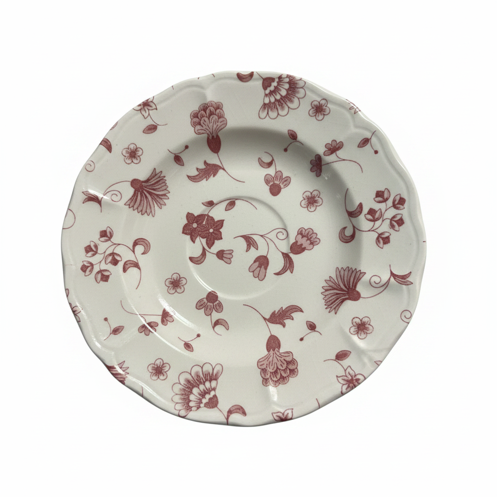 Vintage pink floral vine ceramic plate with scalloped edge, white background