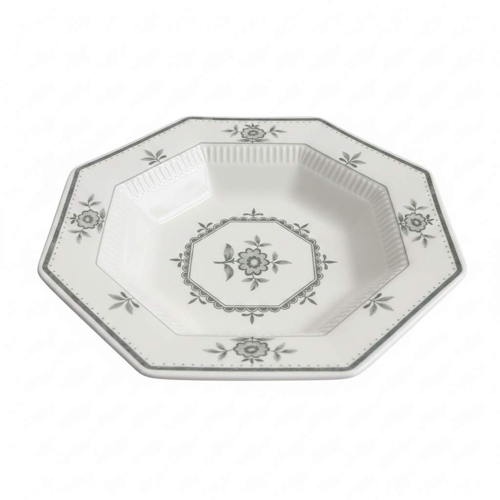 Vintage octagonal grey floral ceramic soup bowl on white background