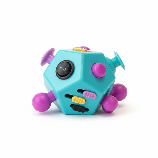 12-sided teal and pink fidget cube toy on white background
