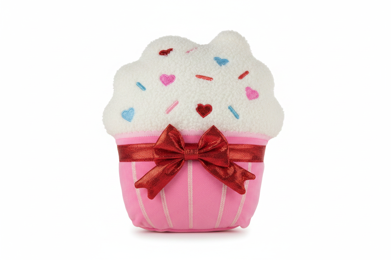 Cupcake shaped novelty plush pillow on white background