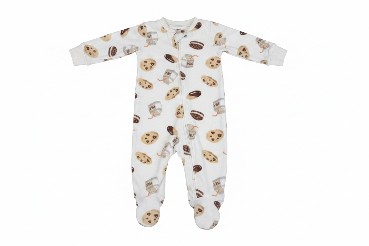 White baby footed pajama sleeper with cookies and milk print on white background