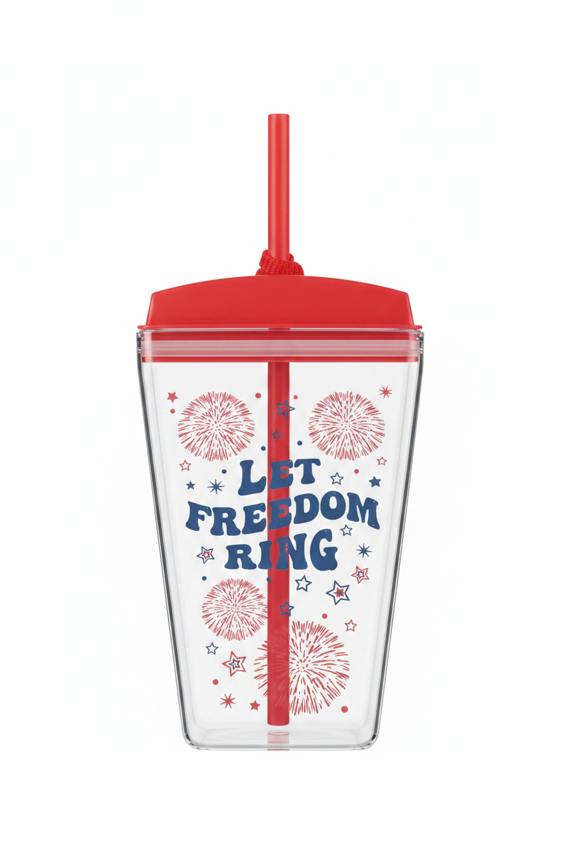 Clear square tumbler with red lid and Let Freedom Ring fireworks design on white background