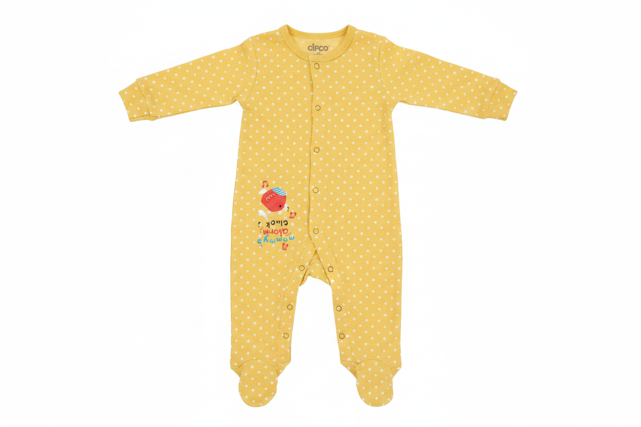 Circo baby yellow polka dot long sleeve pajamas with Mommy's Alarm Clock graphic on white background