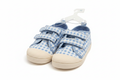 Cat & Jake boys blue and white gingham sneakers with double velcro straps, size 12, white background