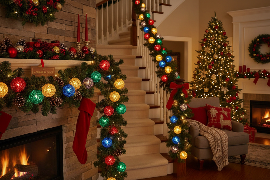 18ft Christmas LED C3 Bulb Garland draped on mantle with warm glowing lights