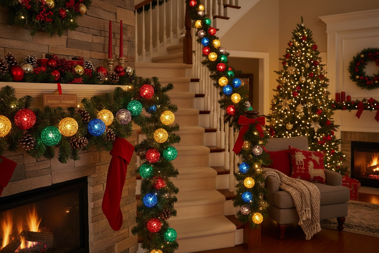 18ft Christmas LED C3 Bulb Garland draped on mantle with warm glowing lights