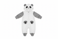White and gray fluffy panda costume baby romper with 3D hood on white background