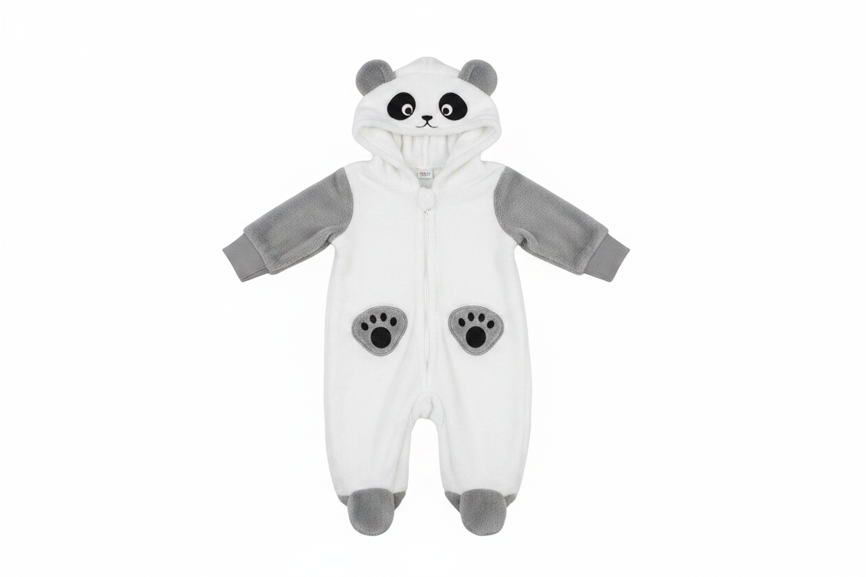 White and gray fluffy panda costume baby romper with 3D hood on white background