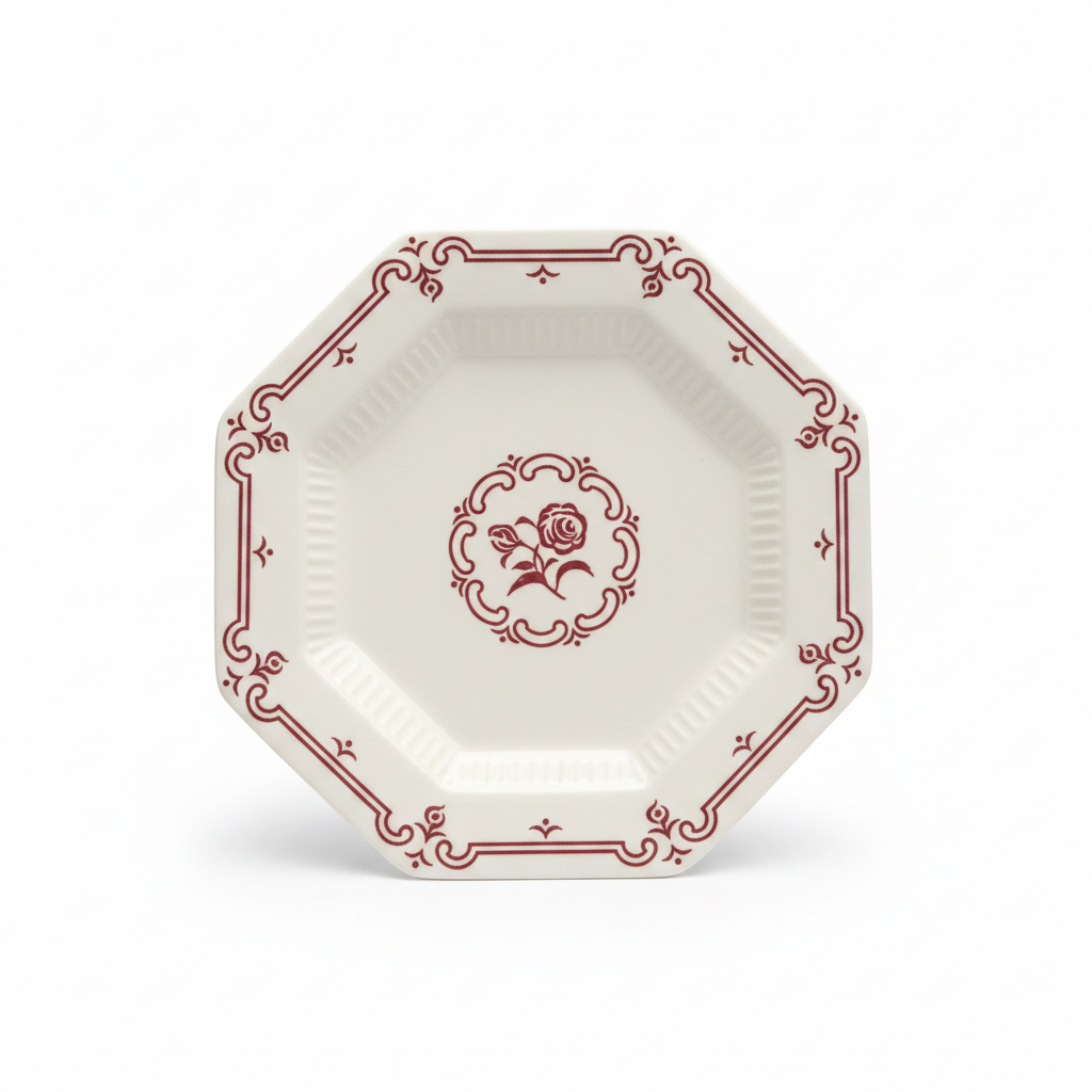 Vintage octagonal ceramic plate with burgundy rose medallion, white background