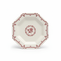 Vintage octagonal ceramic plate with burgundy rose medallion, white background