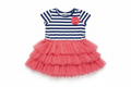 Girls blue and white nautical stripe tutu dress with pink flower and coral tulle skirt on white background