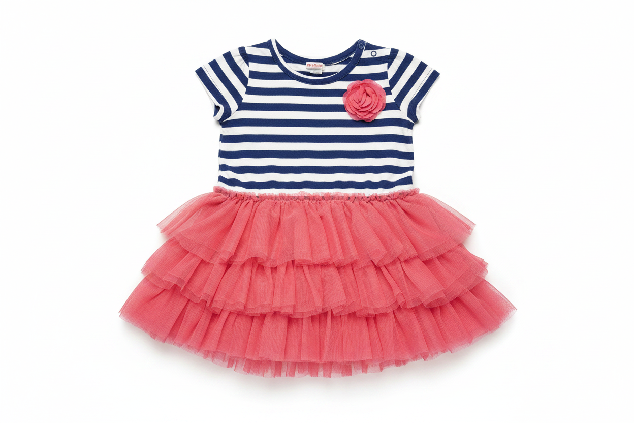 Girls blue and white nautical stripe tutu dress with pink flower and coral tulle skirt on white background