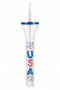 Tall clear patriotic yard cup with blue lid and red blue design on white background