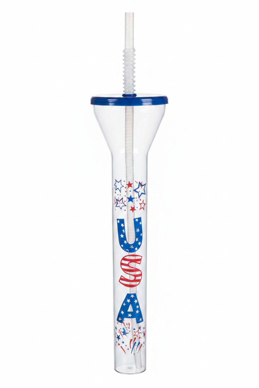 Tall clear patriotic yard cup with blue lid and red blue design on white background