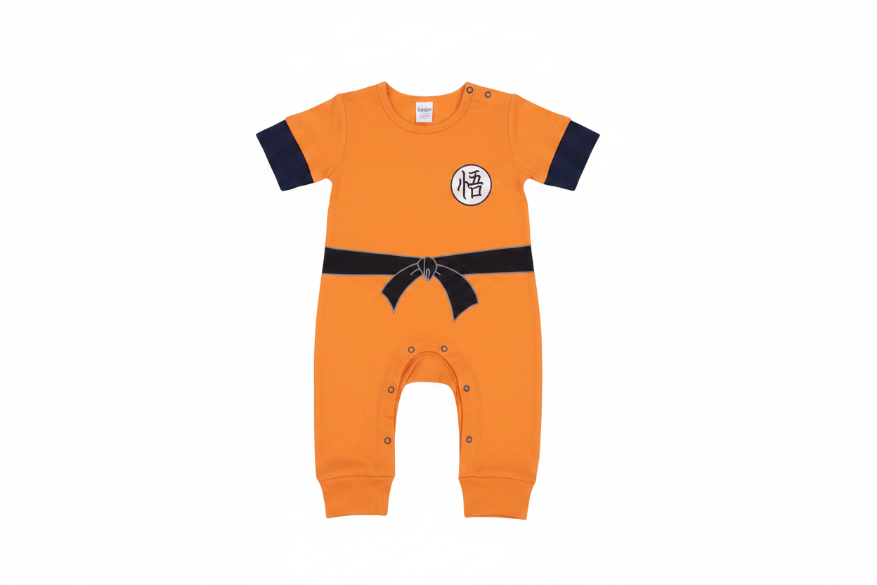 Dragon Ball Z Goku orange costume baby romper on white background