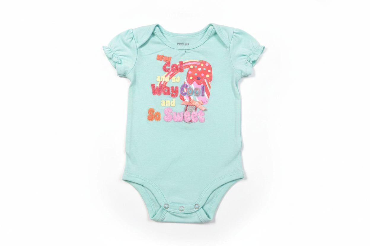 Baby girl light blue ice cream bodysuit with Way Cool and So Sweet slogan on white background