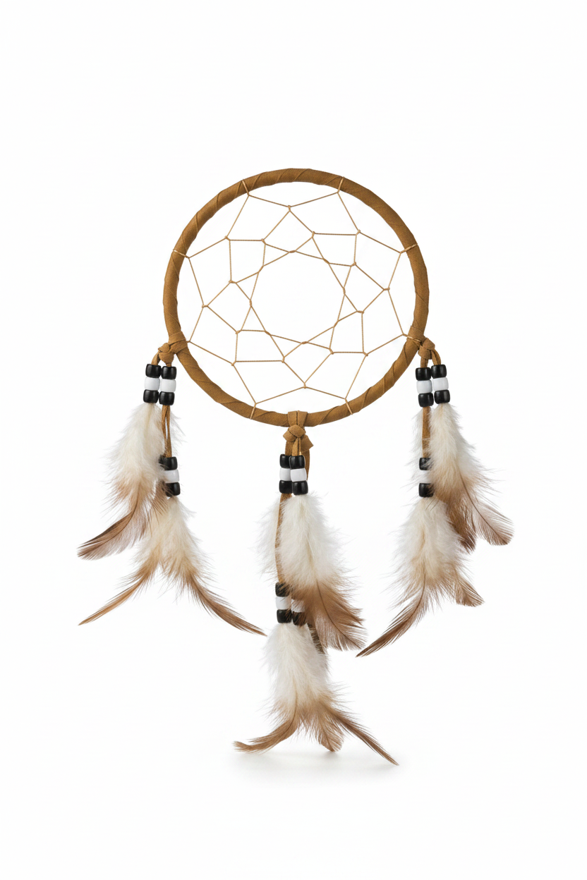 Native American dreamcatcher with tan hoop, woven web, beads and natural feathers on white background