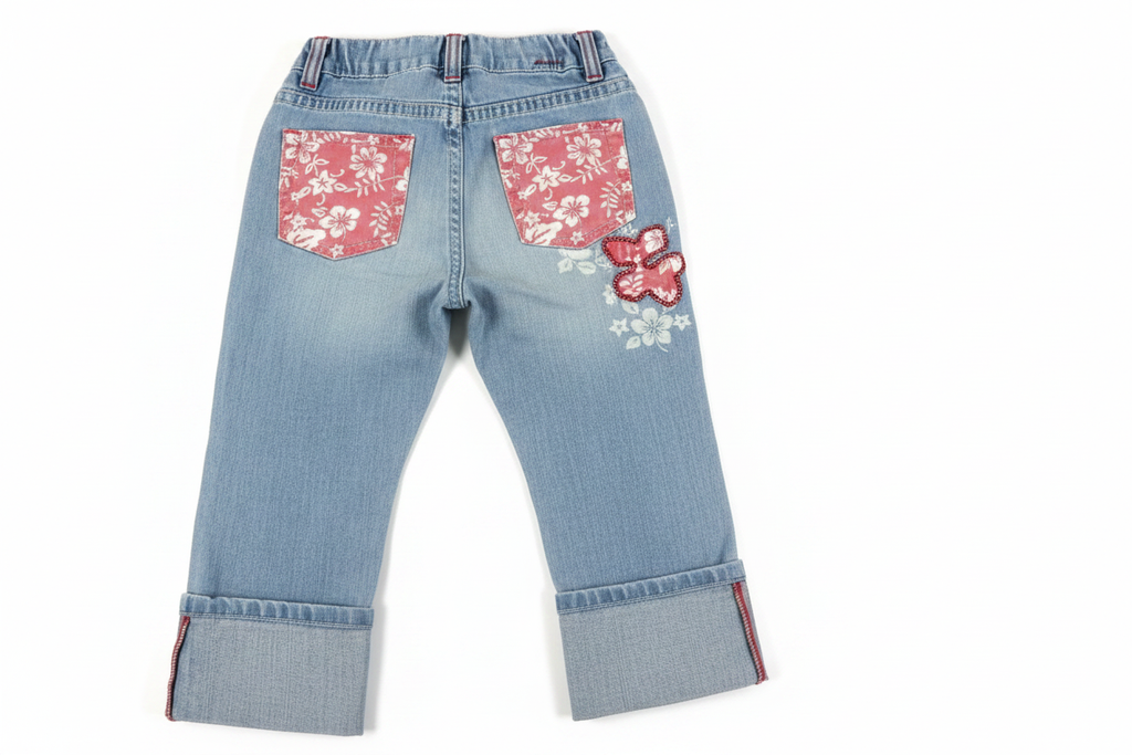 Girls light wash denim jeans with pink Hawaiian floral pocket and butterfly embroidery - back view on white background
