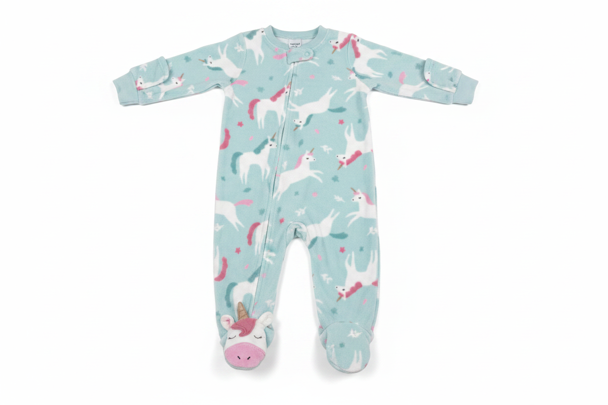 Baby girl light blue unicorn print fleece zip-up footed sleeper on white background
